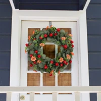 eucalyptus wreath artificial green leaves wreath with flowers and red berries for front door decoration