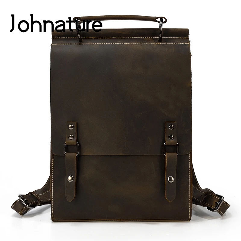 

Johnature Crazy Horse Leather Bag Men School Backpack 2021 New Vintage Handmade Cowhide Solid Color Large Capacity Man Bagpack