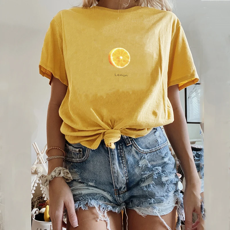 

Women Short sleeve loose wild fruit T-shirt 2020 Summer Colorful female Tee Top tshirts fit women Avocado green lemon yellow