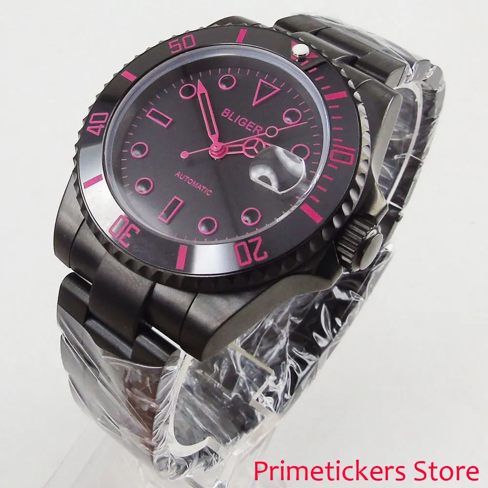 

40mm purple hands PVD coated case men's watch black dial luminous ceramic bezel automatic movement watch