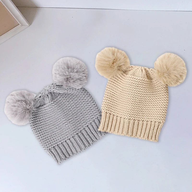 

Lovely Double Pompom Woolen Hat For Children Solid Color Boy Girls Children Warm Knitted Crochet Cap Baby Winter Beanie Hat