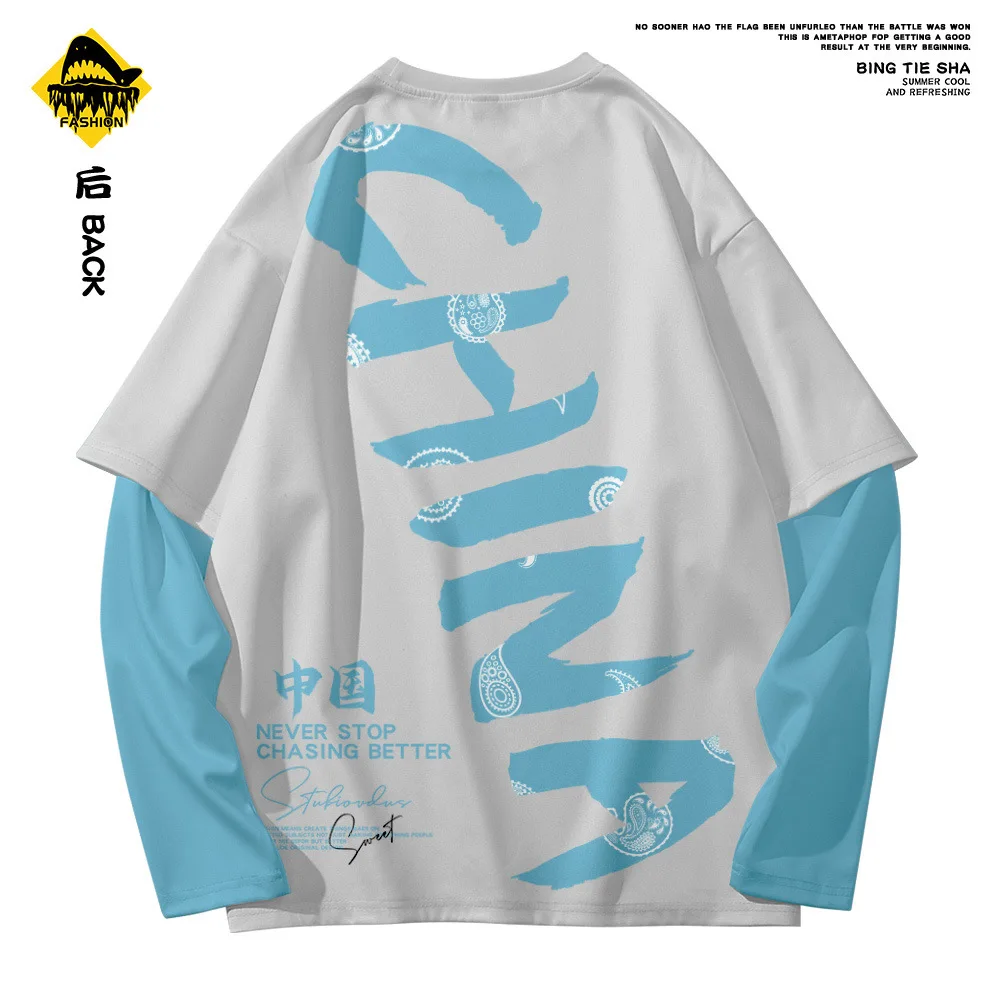 

Spring and Autumn Fake Two-piece Long-sleeved Black Print T-shirt Fashion Men's Harajuku Chinese Style Loose Top Plus Size 6XL