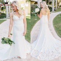 plus size wedding dresses mermaid v neck backless satin tulle lace appliques elegant formal bride dress custom made de46