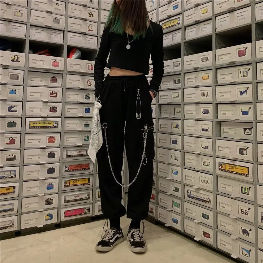 

QWEEK Gothic Harajuku Cargo Pants Women Hip Hop Black Oversized Pants With Chain Ribbon Sweatpants Women Streetwear Trousers