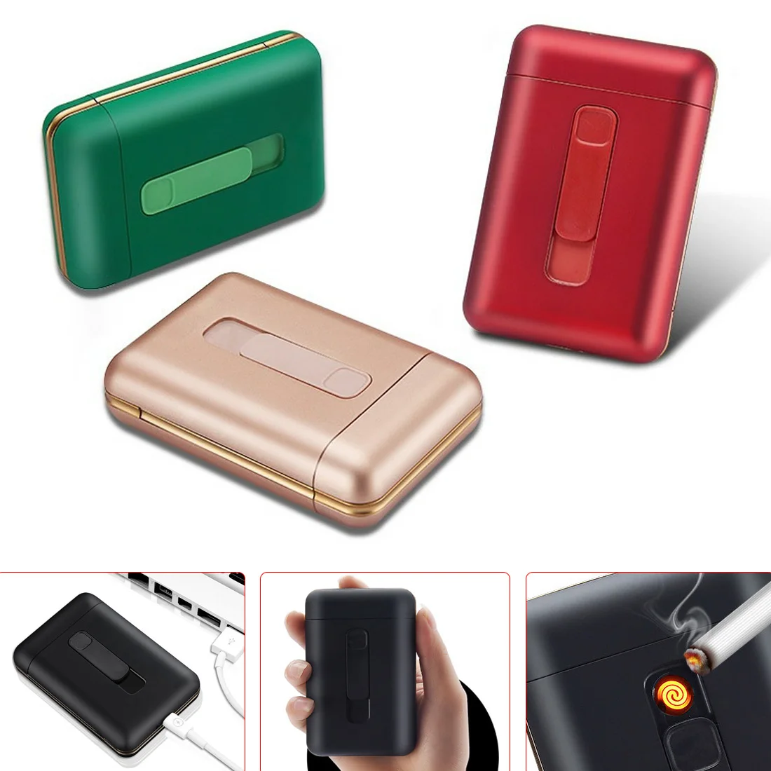 

Metal Cigarette Case Box with USB Electronic Lighter Tobacco Storage Case Cigarette Holder Electric Plasma Arc Lighter Gadgets