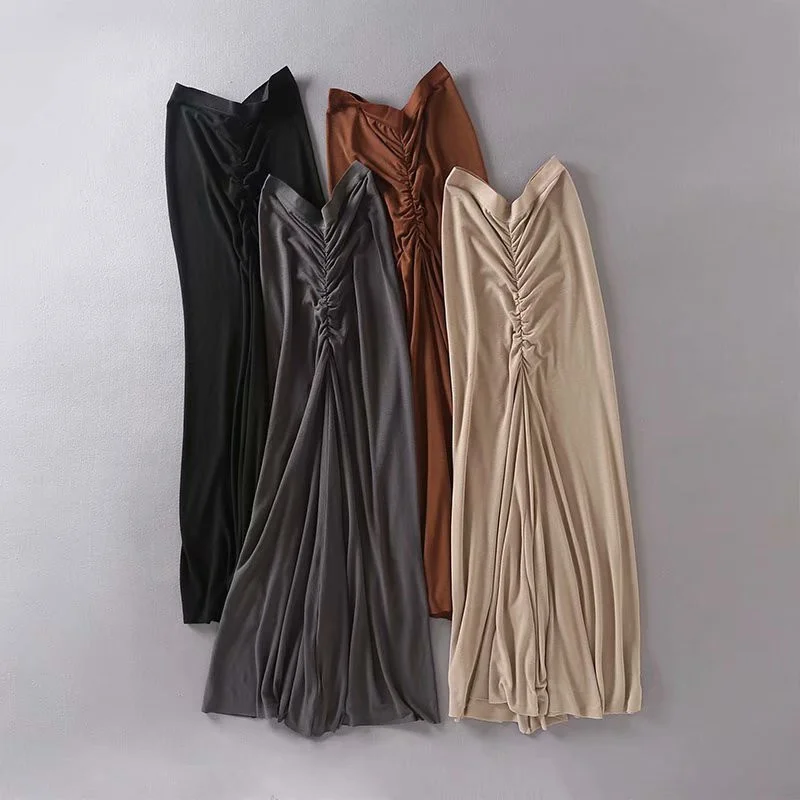 

Spring summer new street fashion solid color elastic waist front and back pleated thin section was thin high waist skirt women