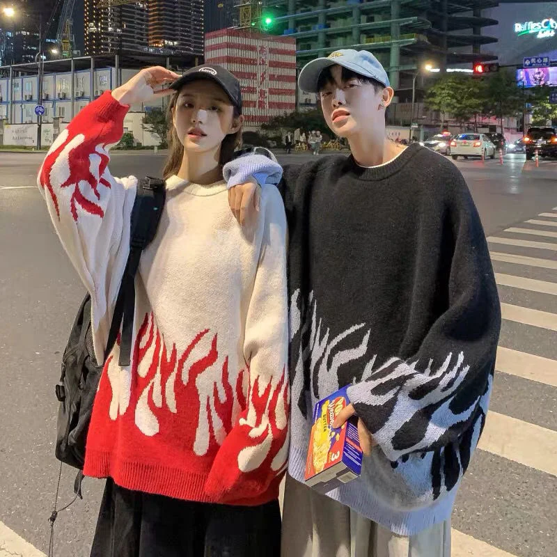 Новинка 2021 женский свитер в стиле хип-хоп жаккардовый с рисунком пламени пуловер