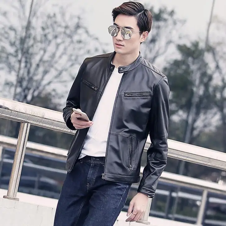 

Mens Genuine Leather Jacket Coat Motorcycle Real Sheepskin Vintage Retro Brand Autumn Winter Men Slim Sheep Skin Stand Collar