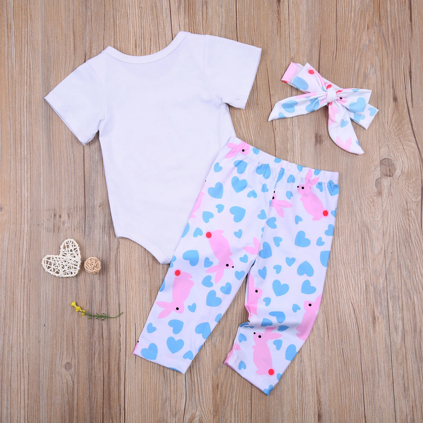 

Infant Newborn Baby Girl Easter Printed 3Pcs Romper Set, Short Sleeve Rabbit Printed Bodysuit Hearts Long Pants and Headband