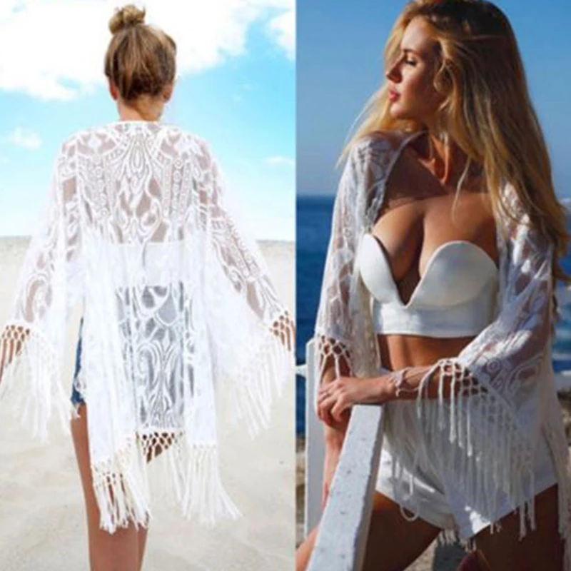 

Women Floral Lace Bikini Swimsuit Cover Up Crochet Mesh Tassel Kimono Cardigan X7YA
