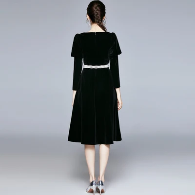 

High quality women Spring Autumn warm Femal Ladies Casual streetwear femme Velvet fashion brand Vintage Dress Red black French