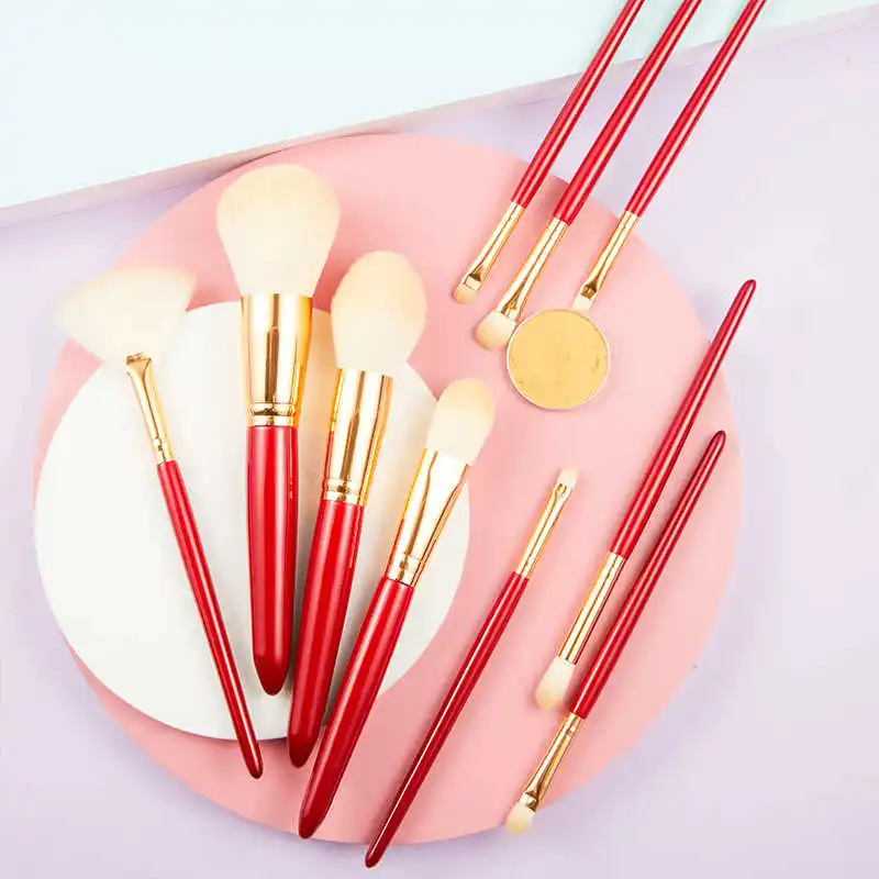 

10 lumps of solid wood brushes red makeup set beauty foundation shadow powder mixture eyeliner tool for lady