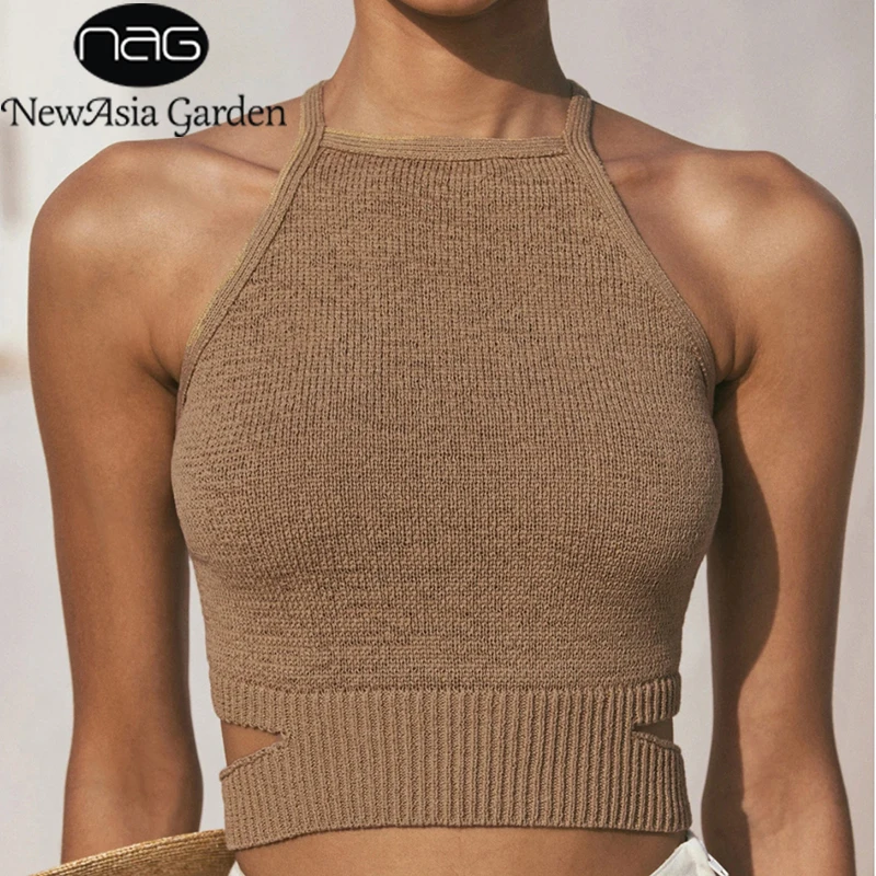 

NewAsia Knitted Tank Top y2k Crop Top Cut out Tie up Crossed Spaghetti Strap Backless Solid Color Elastic Sexy Vest Summer Cami