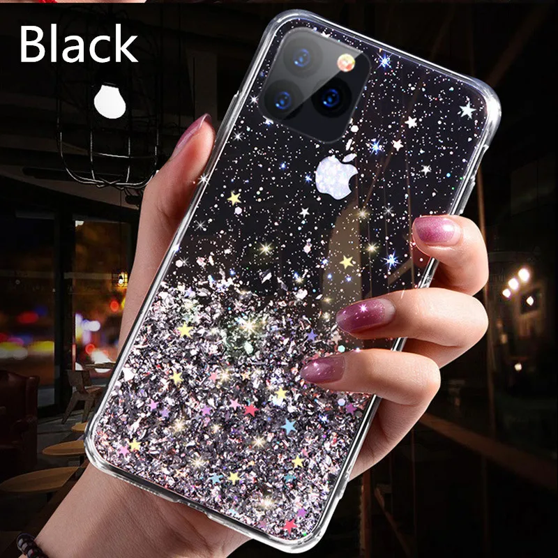 Черный Чехол для нового IPhone 11 XS Max X XR блестящий чехол прозрачный черный розовый зеленый чехол для Iphone 11 Pro Max - Цвет: Черный