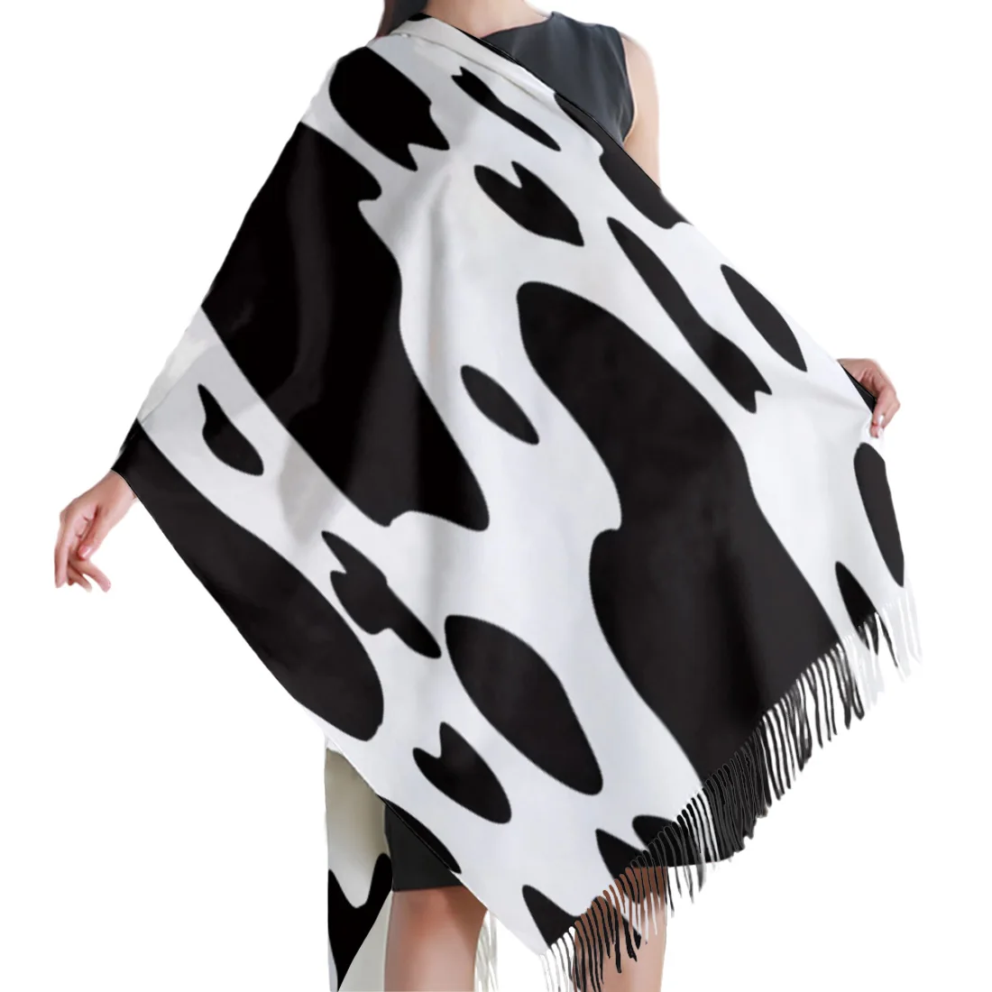 Модные большие шарфы черно-белые в стиле граффити из коровьей кожи толстые