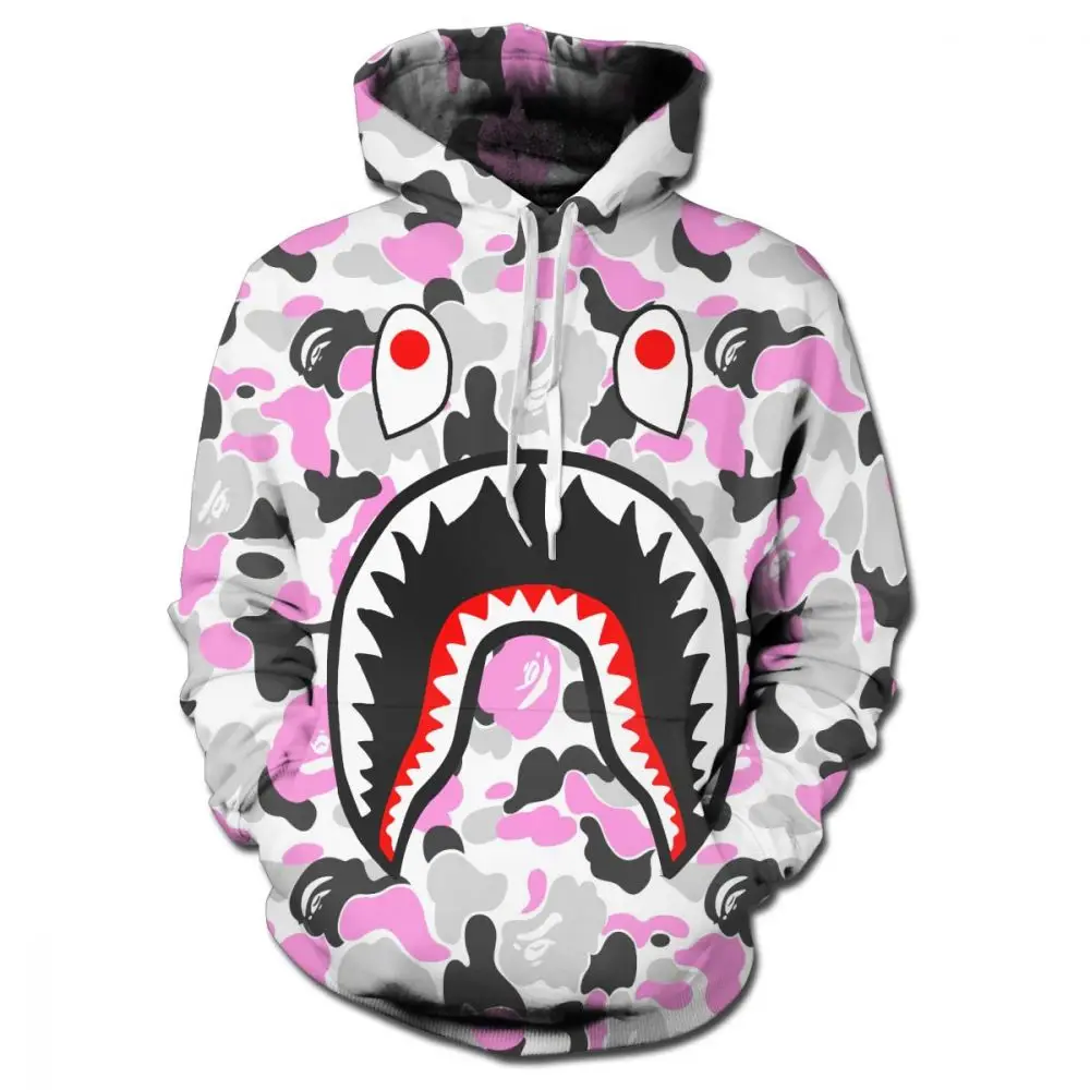 

Bape tubarÃ£o 3d impressÃ£o hoodies masculino em torno do pescoÃ§o moletom pullover engraÃ§ado banda desenhada streetwear dos desenh