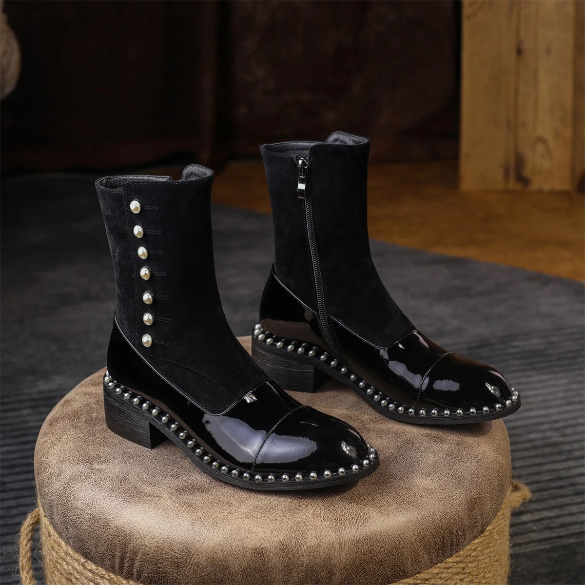 

2021 Autumn Winter Fashion Women's Short Boots Leather Fabric Beautifully Decorated 4Cm Thick High Heel Round Toe Booties Women