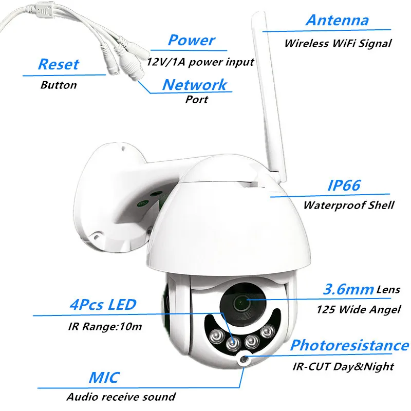 Скоростная купольная IP-камера PTZ с Wi-Fi 1080P 2 МП наружная Водонепроницаемая