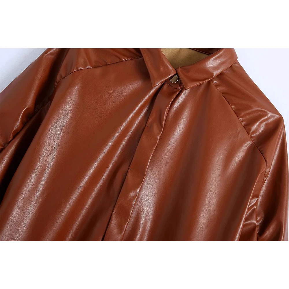 

2020 New Fall Winter Women Faux Leather Shirt Long Gathering Sleeves Casual Fashion Chic High Street women Shirts