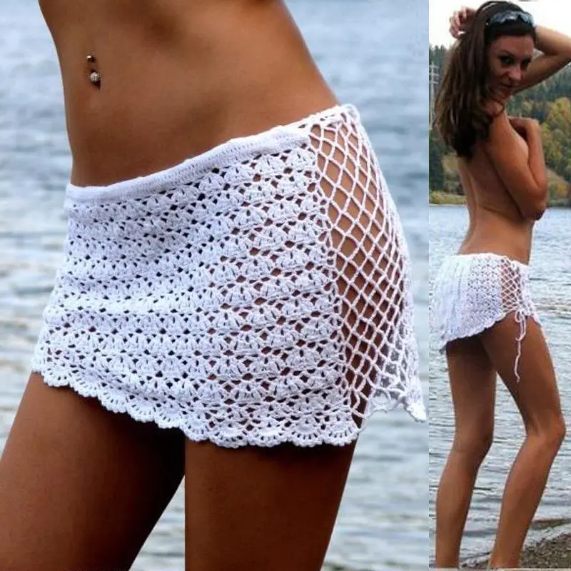 Women Sexy Knit Crochet Bikini Cover Up Skirts Lace Up Bandage High Waist Beach Skirts White Hollow Out Cover Ups (0)