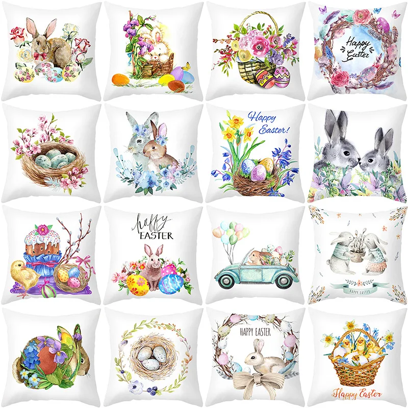 

45X45CM Linen Happy Easter Egg Bunny Rabbit Garland Floral Sofa Print Cushion Case Livingroom Couch Decorative Throw Pillows