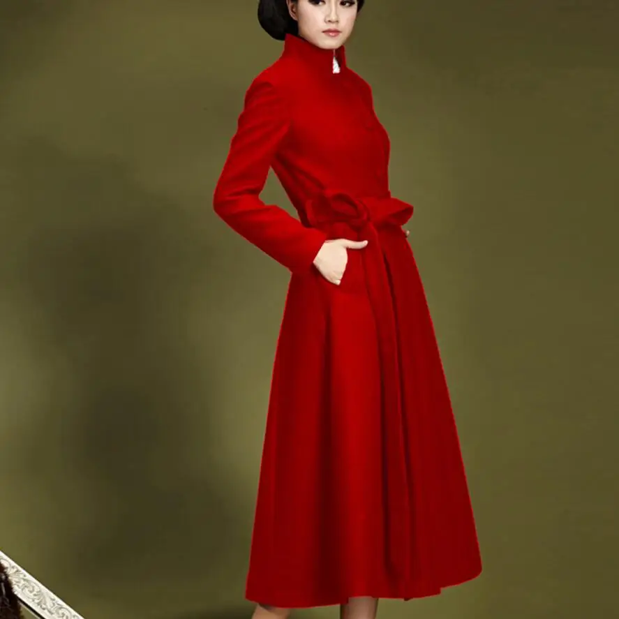 Осенне-зимнее винтажное длинное шерстяное пальто x-long женское приталенное из