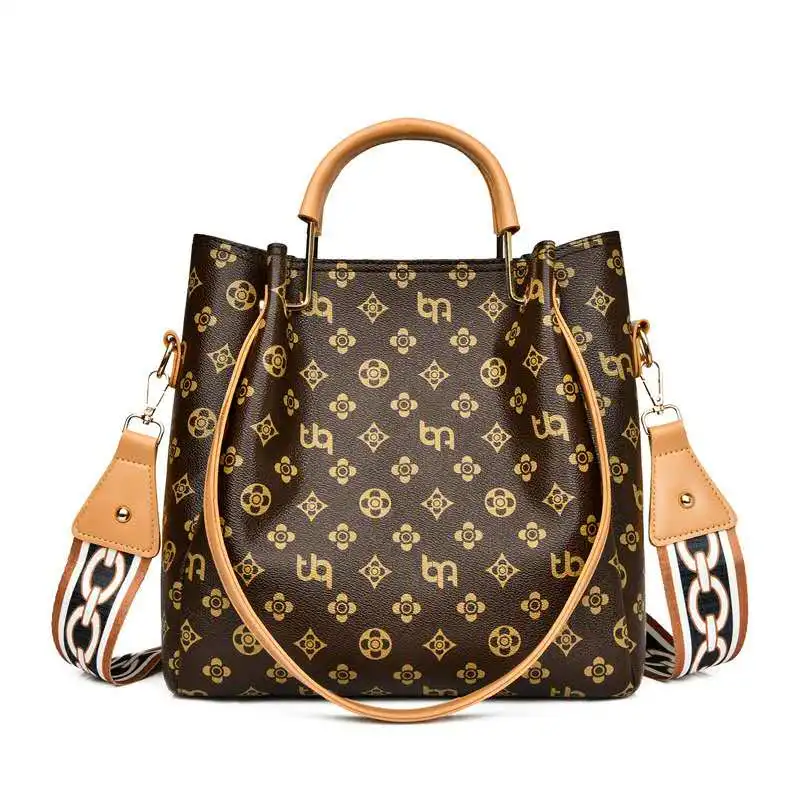 

new fashion women's bag European and American printed wide shoulder strap bucket bag women's portable One Shoulder Messenger Bag