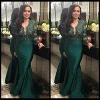 2020 dark green illusion long sleeves evening dresses with deep v neck lace mermaid prom dress long party gowns evening dress