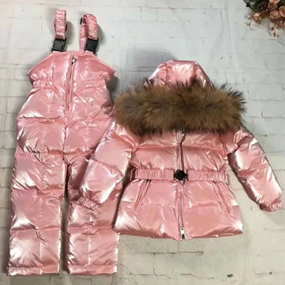 pink Детский костюм пуховая куртка пуховое пальто из двух предметов для девочек Зимний лыжный костюм на лямках-30 утолщенная одежда с меховым капюшоном для девочек - Цвет: pink