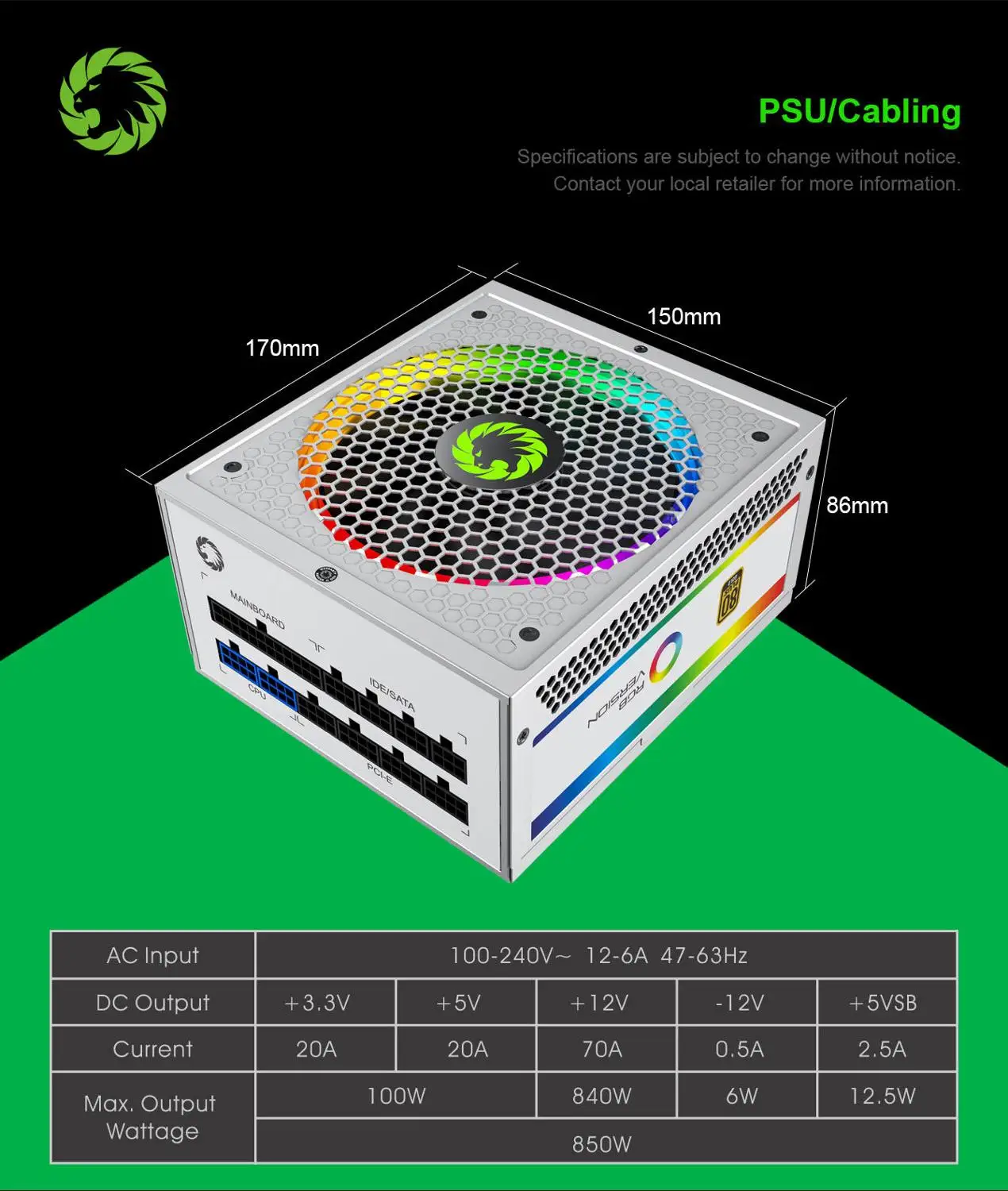 GameMax RGB 850 белый источник питания Вт полностью модульный 80 Plus ЗОЛОТОЙ