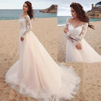 beach o neck wedding dress 2021 lace long sleeves appliques court train tulle vestido de novia princess gowns illusion elegant