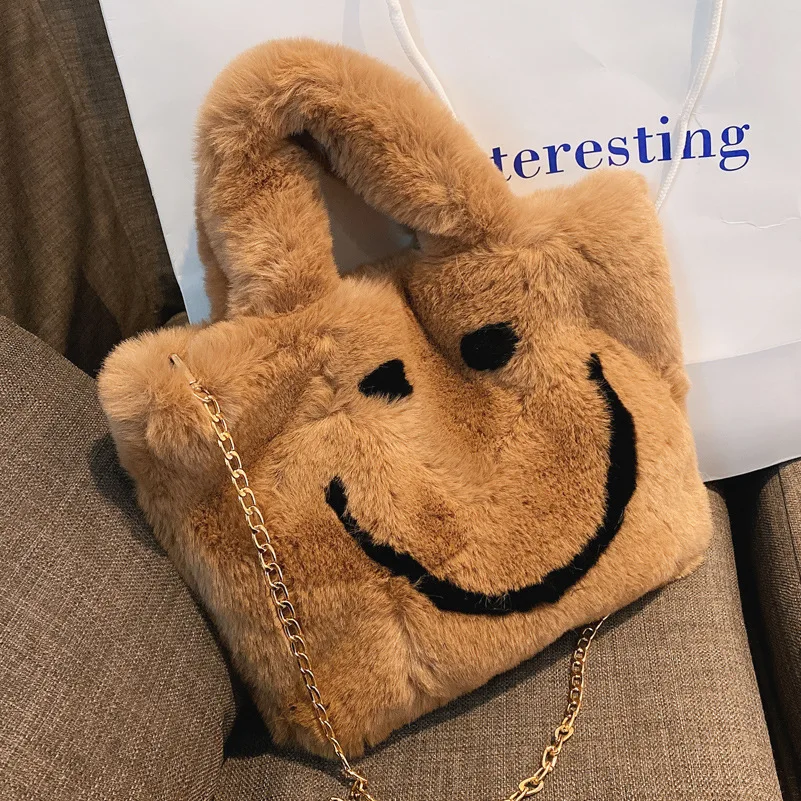 

Women's Plush Smiley Handbag Buckle Shoulder Bag Cute Soft Ladies Chain Ladies Faux Fur Bag Female Party Little Girl Christmas