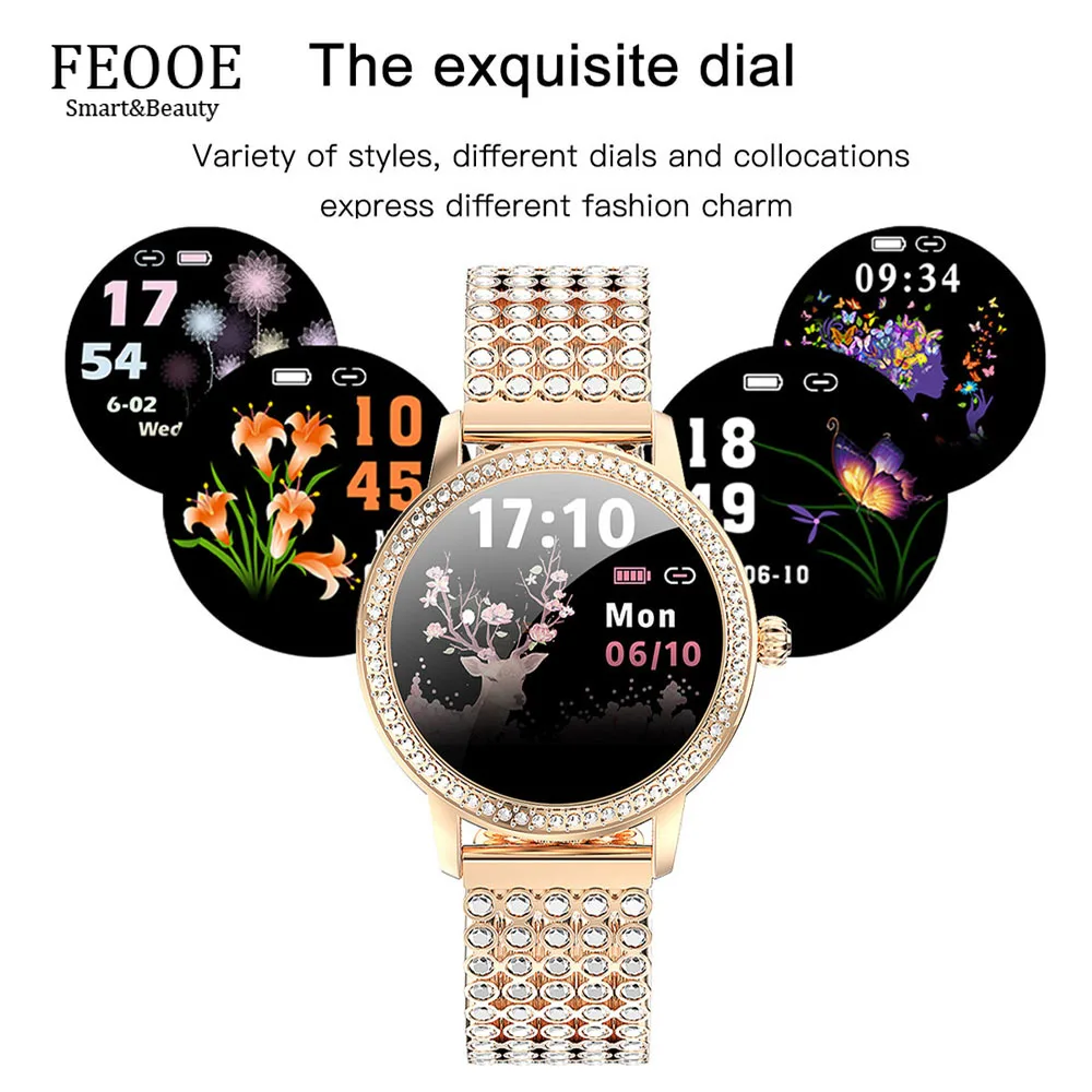 

Смарт-часы FEOOE с алмазными шипами 2021 для женщин Красивые стальные спортивные часы IP68 Водонепроницаемый Фитнес-Браслет Смарт-часы с пульсоме...