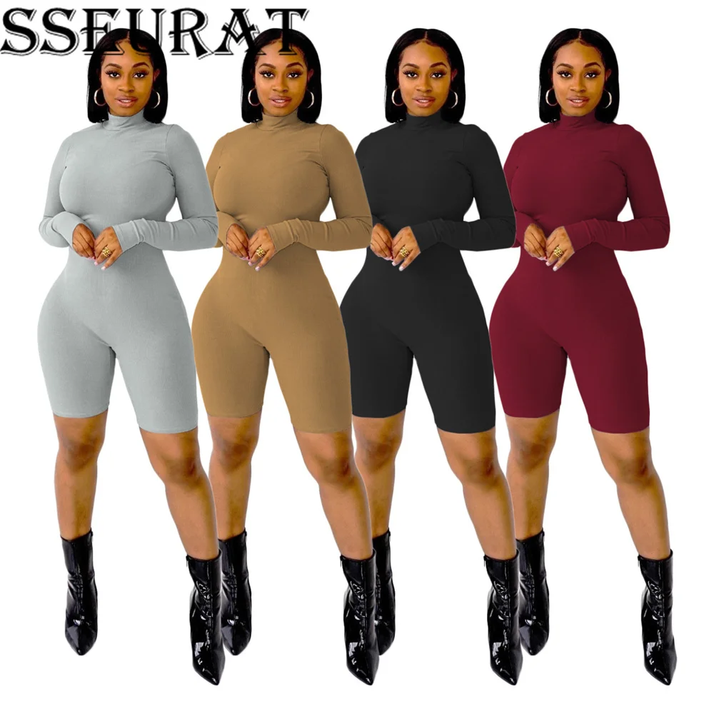 

SSEURAT Long Sleeve Sexy Skinny Romper Woman Clothes Bodysuit Women Female Jumpsuit Spring Autumn Playsuit Overalls Shorts