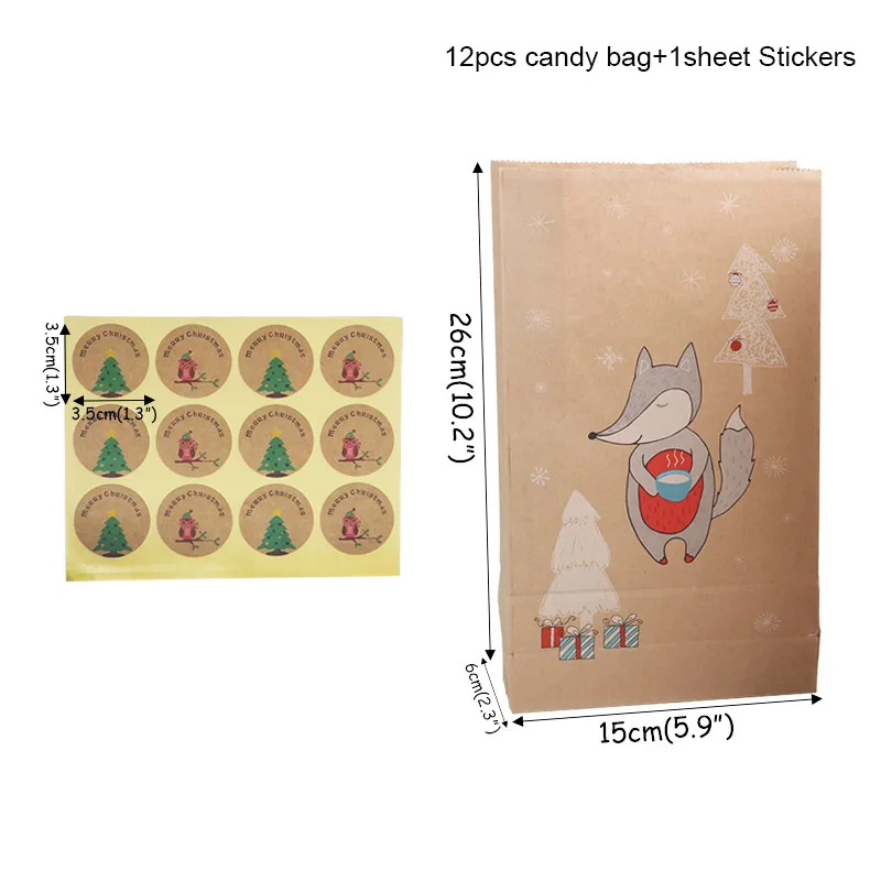 12pcs and 1sheet 13 шт Рождественский крафт-бумажный пакет noel Fox олень подарочные бумажные наклейки для сумок Новогодняя Упаковка конфет печенья сумки наклейки - Цвет: 12pcs and 1sheet