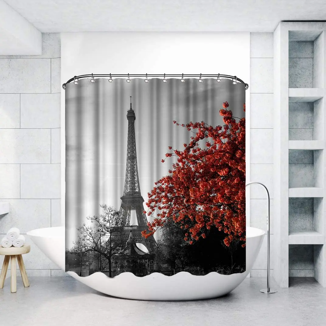 

Grey Paris Eiffel Tower Shower Curtain France Cityscape Red Flower Waterproof Polyester Fabric Bathroom Curtain with Hooks