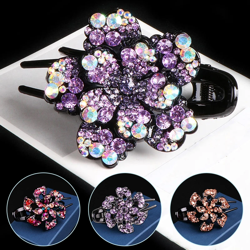 

Women Duckbill Clip 2021 Hot Shining Korean Version Rhinestone Temperament Flower Plate Hairpin Three-Tooth Duckbill Hair Clip