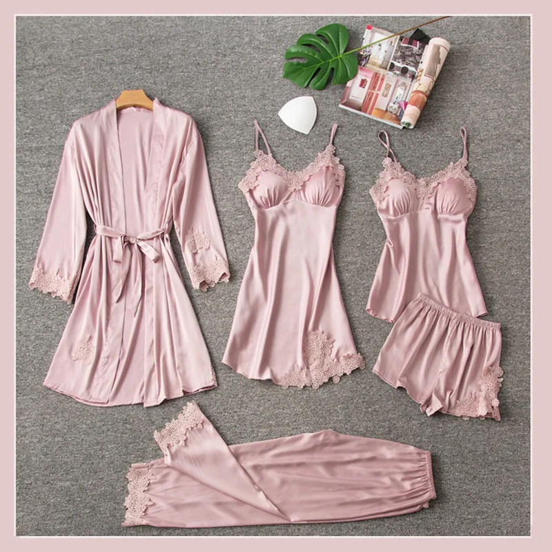 

Women's Pajamas Luxury Imitation Silk Five-pieces Set of Thin Summer Sexy Lace Border Condole Belt Ladies Home Clothes for 2020