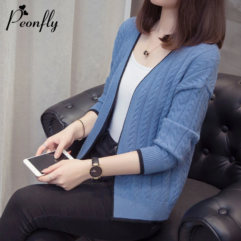 Cardigan de Malha Comprida com Decote em v Peonfly Feminino Outono Manga Camisola Cardigan Ponto Aberto Puxar Femme Azul 2021