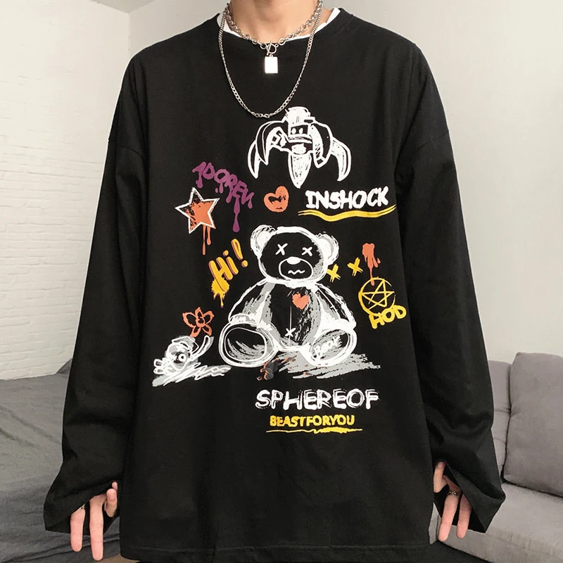 

Harajuku Long Sleeve Pullover Streetwear Loose Anime Cartoon Print Kpop Vintage Black Punk Women T-Shirts Y2K Hip Hop Clothes