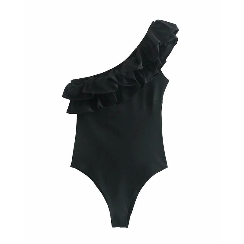 Женское асимметричное боди KBAT сексуальное облегающее на одно плечо с каскадными