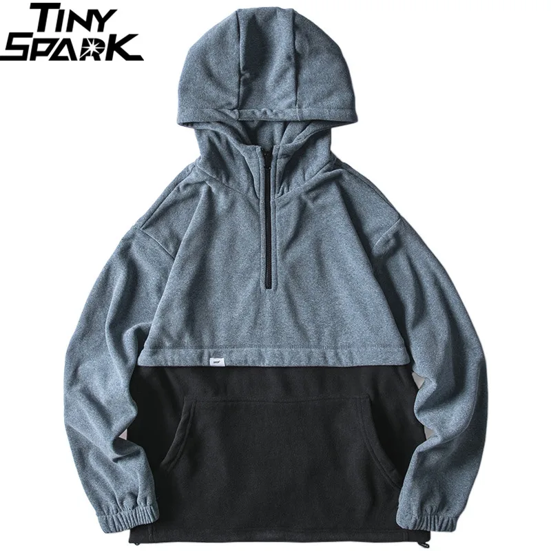2019 Hip Hop Mens Hoodie Sweatshirt Color Block Harajuku Streetwear Pullover Half-Zip Autumn Winter Fleece Cotton | Мужская одежда