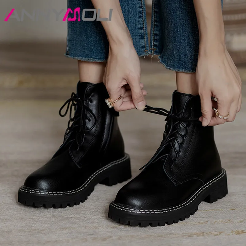 

ANNYMOLI Med Heel Ankle Boots Woman Motorcycle Boots Zip Thick Heel Short Boots Lace Up Female Shoes Autumn Winter Black Size 40