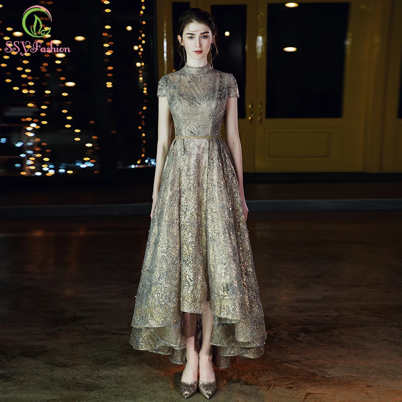 SSYFashion Роскошное винтажное вечернее платье с высоким воротом короткое спереди и