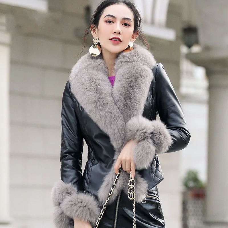 

Sheep skin down jacket lady of the office great collar of fox skin with cleavage v fine fitting short winter coat new luxury