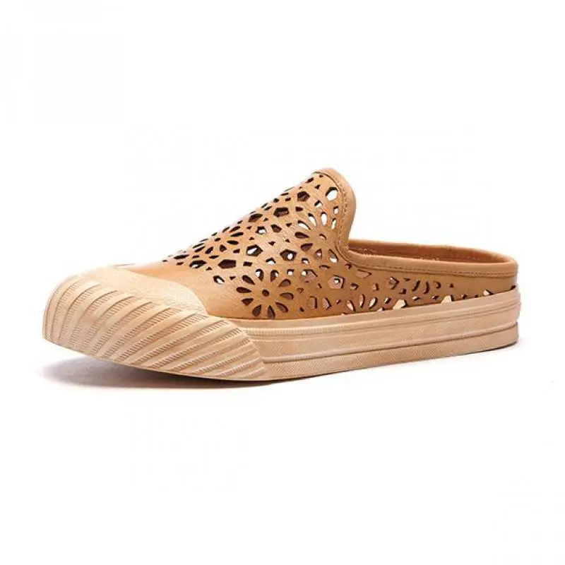 

YourSeason Ladies Outside Slipper Shoes Genuine Leather Slides Casual Sewing Concise Female Vintage Slippers 2021 Summer