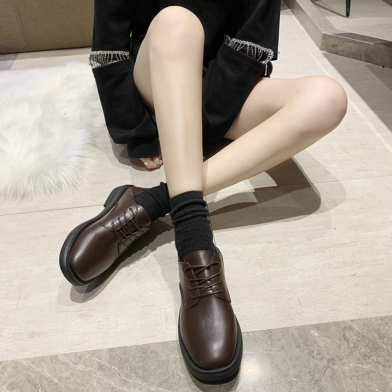 Туфли-оксфорды женские Кожаные броги плоская подошва офисные полностью черные