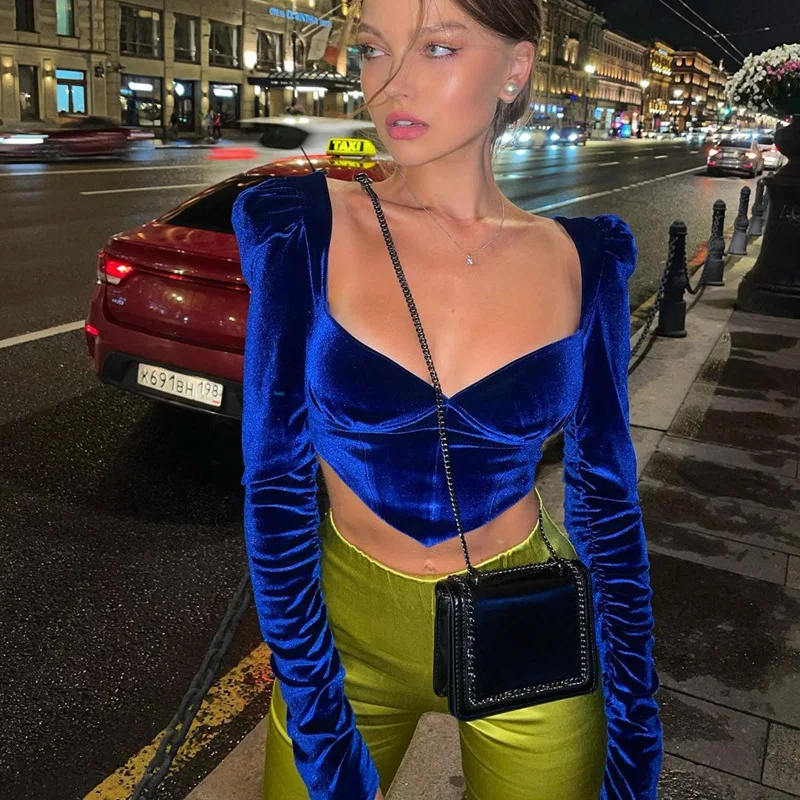 

Hirigin осенние бархатные женские топы и блузки с квадратным воротником модные синие рубашки блузка укороченный топ элегантная клувечерние