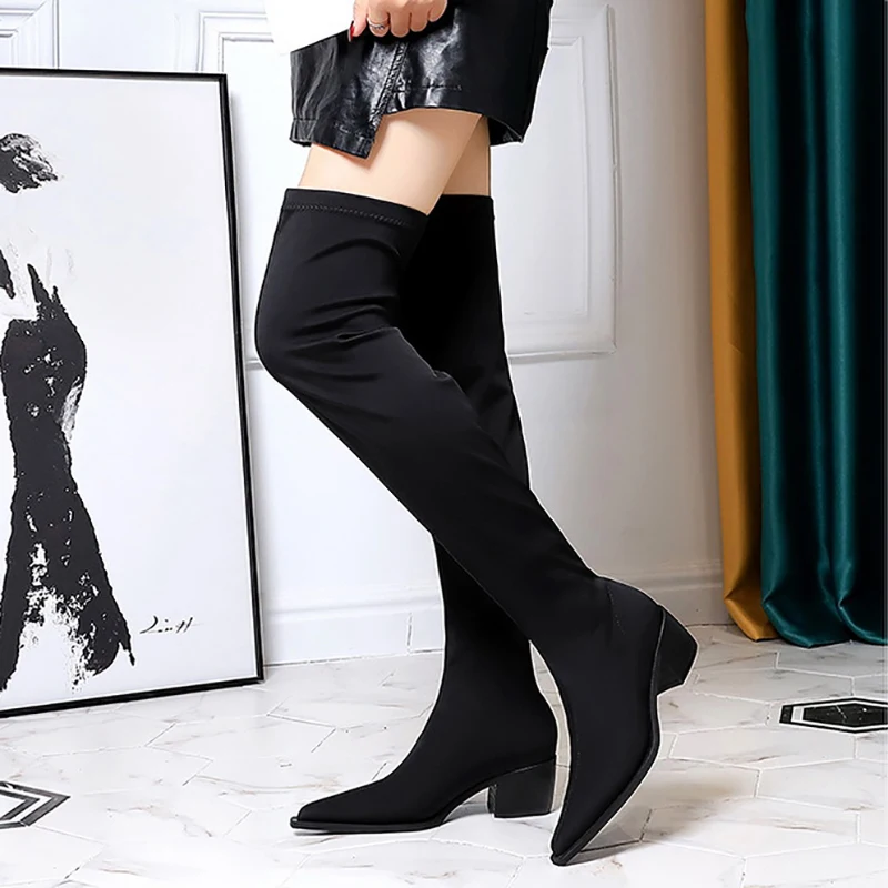 

Женские сапоги выше колена Meriahzheng, простые черные сапоги из эластичной лайкры на толстом каблуке, с острым носком, зимняя обувь на высоком ка...