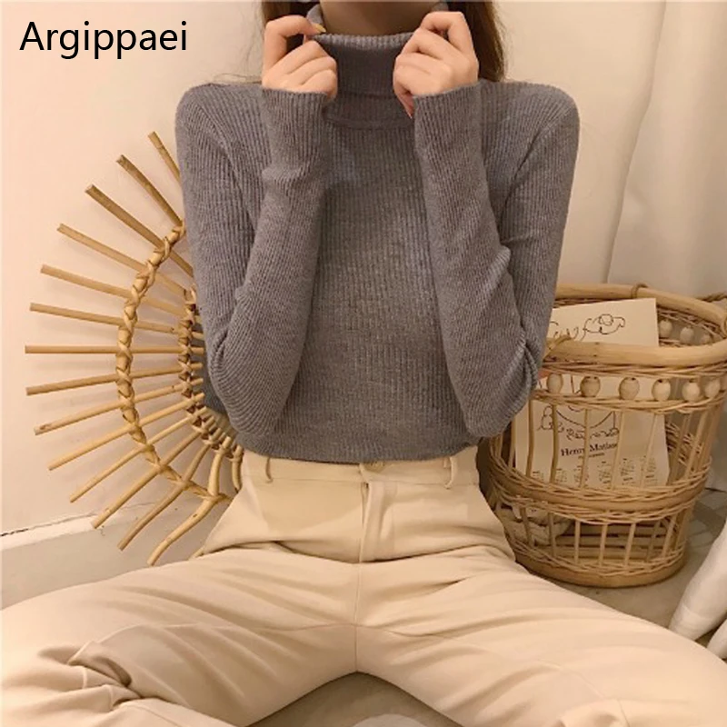 Pullover Sweater Women Korean Style Long Sleeve High Collar Knitted Top Autumn Casual Solid Color Slim Rib Knitwear Clothing